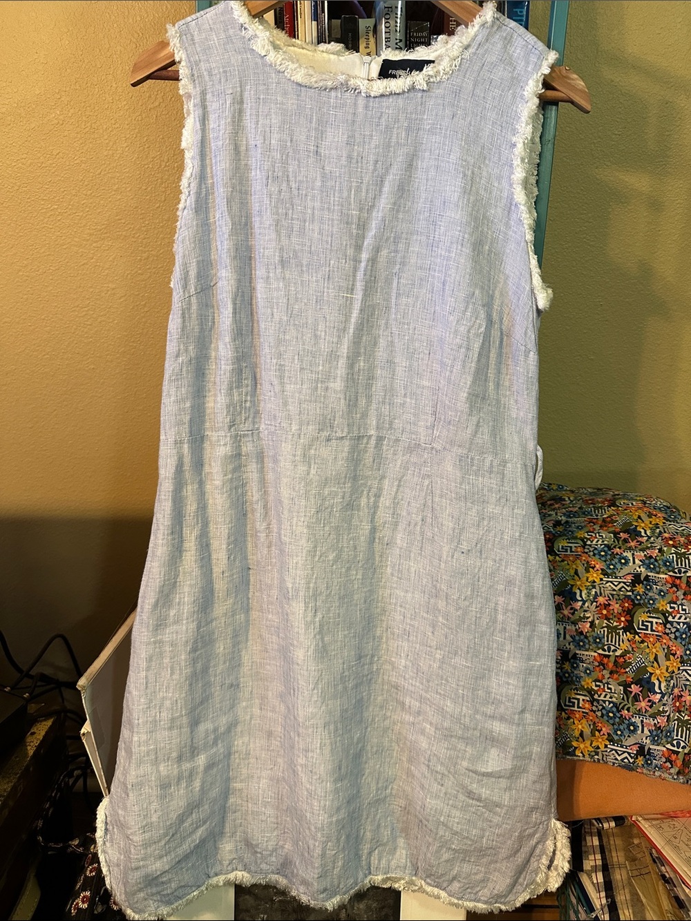 French Curve Light Blue Linen Fringe Sleeveless Shift Dress